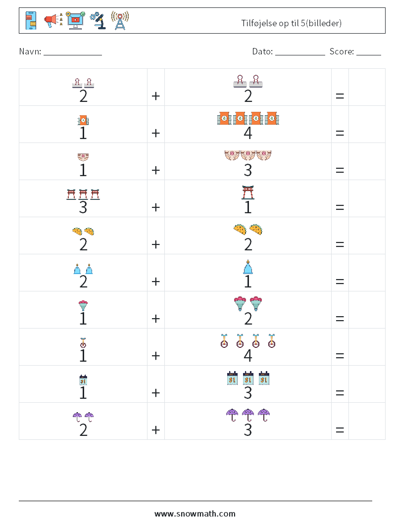 Tilføjelse op til 5(billeder) Matematiske regneark 12