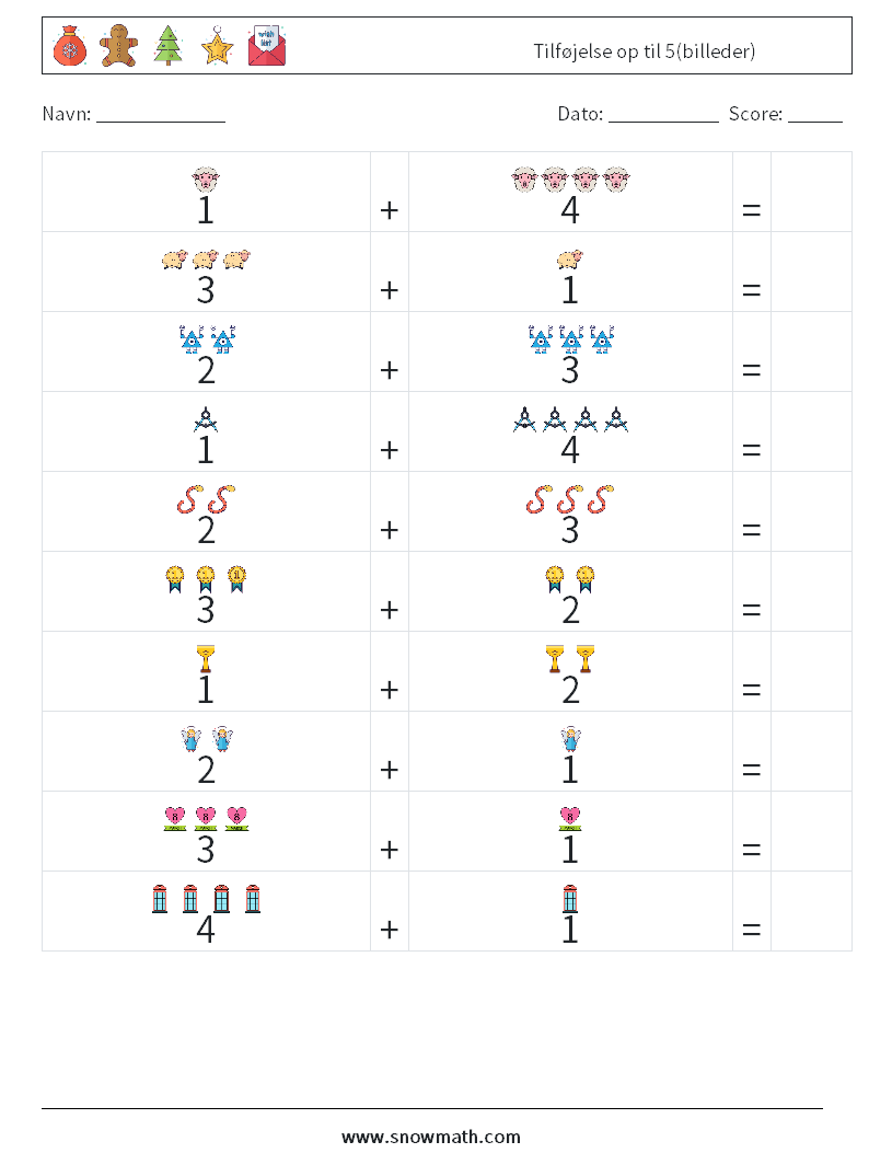 Tilføjelse op til 5(billeder) Matematiske regneark 14