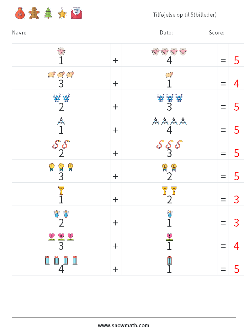 Tilføjelse op til 5(billeder) Matematiske regneark 14 Spørgsmål, svar