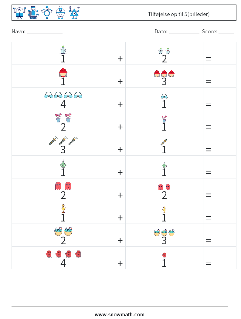 Tilføjelse op til 5(billeder) Matematiske regneark 17