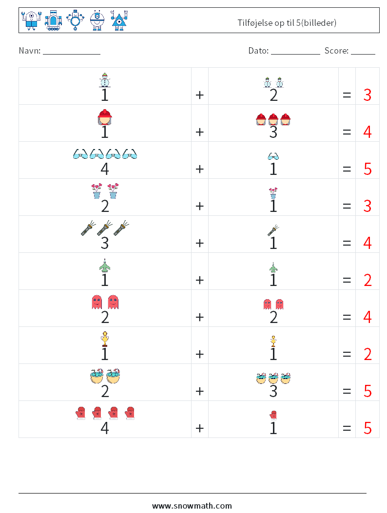 Tilføjelse op til 5(billeder) Matematiske regneark 17 Spørgsmål, svar