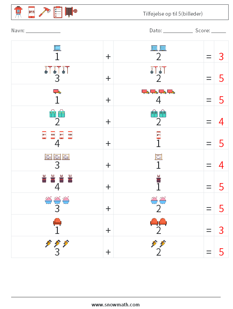 Tilføjelse op til 5(billeder) Matematiske regneark 1 Spørgsmål, svar