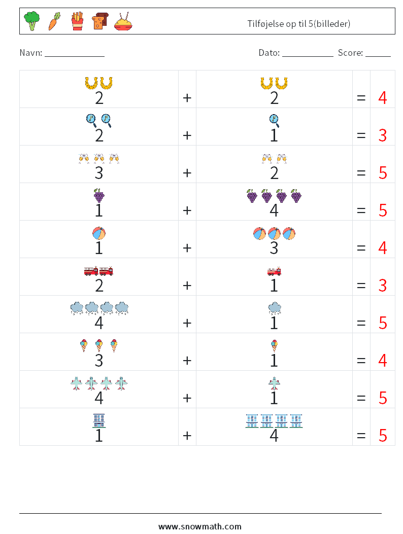 Tilføjelse op til 5(billeder) Matematiske regneark 2 Spørgsmål, svar