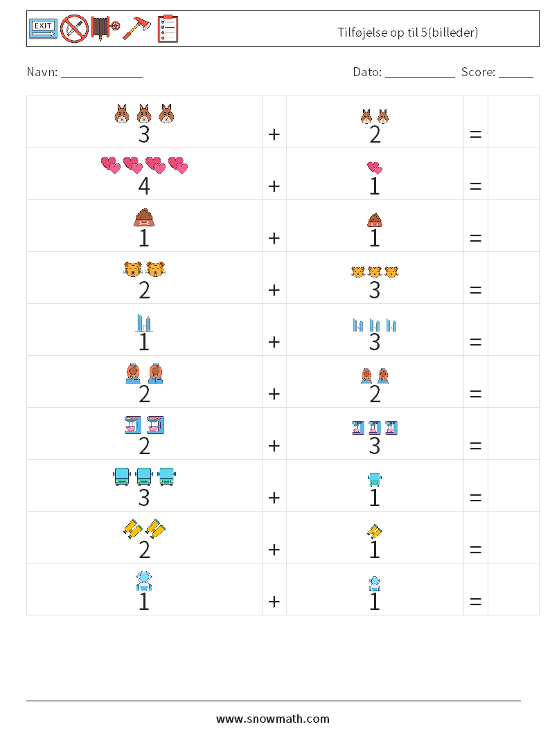 Tilføjelse op til 5(billeder) Matematiske regneark 3