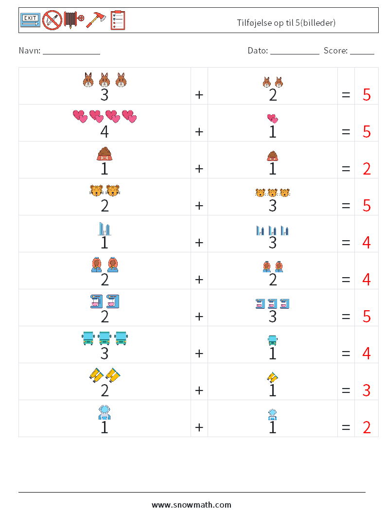 Tilføjelse op til 5(billeder) Matematiske regneark 3 Spørgsmål, svar