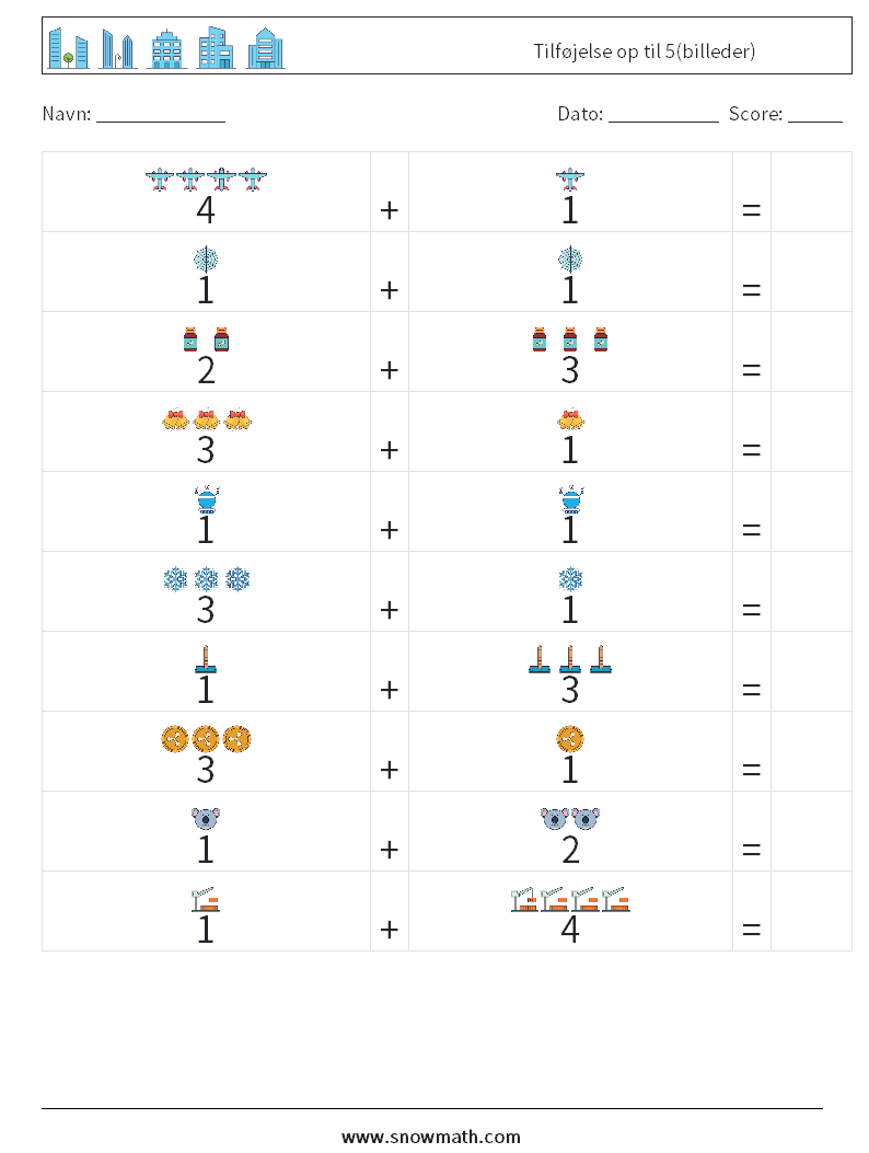 Tilføjelse op til 5(billeder) Matematiske regneark 6