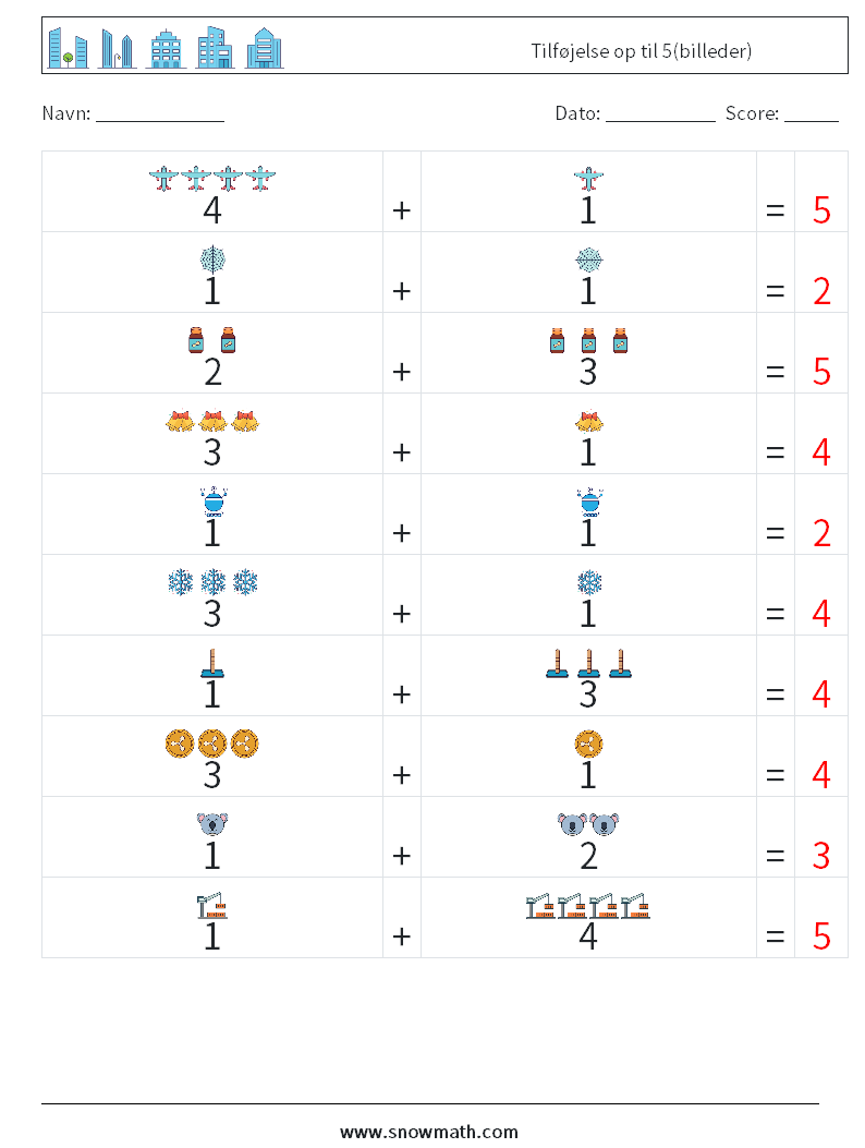 Tilføjelse op til 5(billeder) Matematiske regneark 6 Spørgsmål, svar