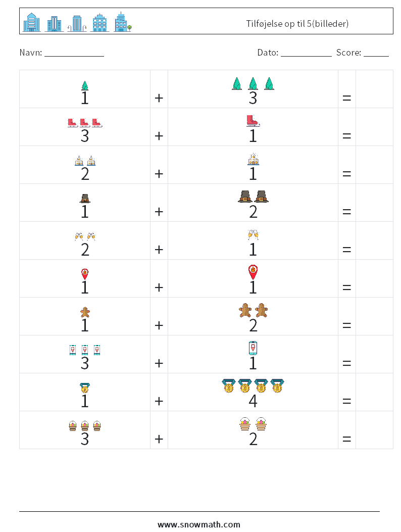 Tilføjelse op til 5(billeder) Matematiske regneark 7