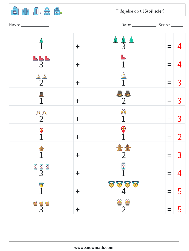 Tilføjelse op til 5(billeder) Matematiske regneark 7 Spørgsmål, svar