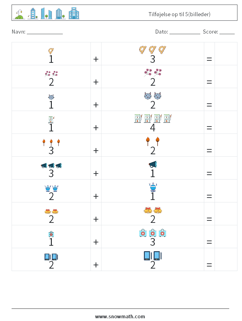 Tilføjelse op til 5(billeder) Matematiske regneark 8