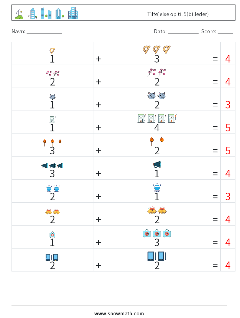 Tilføjelse op til 5(billeder) Matematiske regneark 8 Spørgsmål, svar