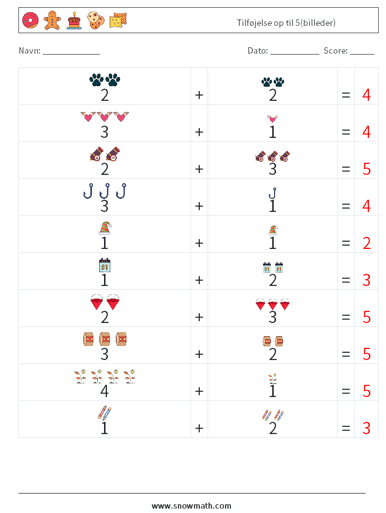 Tilføjelse op til 5(billeder) Matematiske regneark 9 Spørgsmål, svar