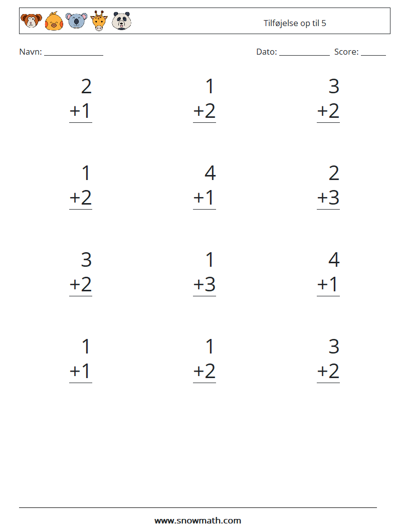 (12) Tilføjelse op til 5 Matematiske regneark 1