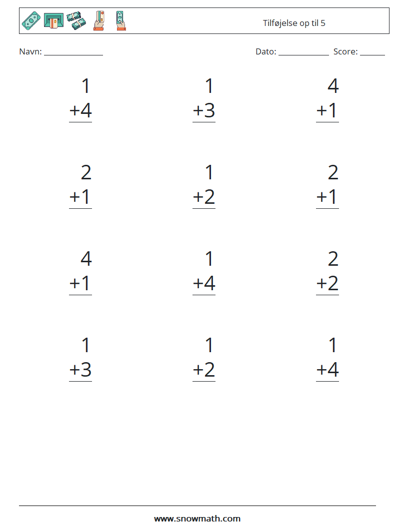 (12) Tilføjelse op til 5 Matematiske regneark 3