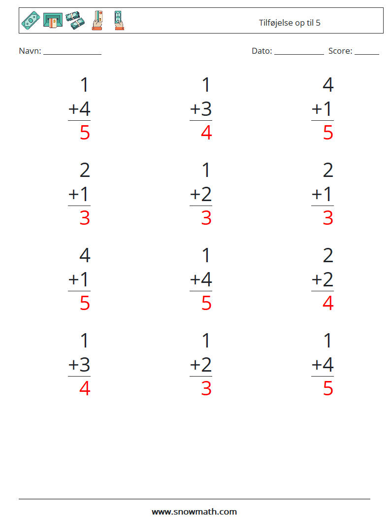 (12) Tilføjelse op til 5 Matematiske regneark 3 Spørgsmål, svar