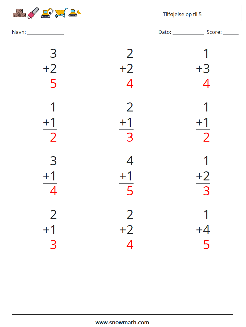(12) Tilføjelse op til 5 Matematiske regneark 4 Spørgsmål, svar