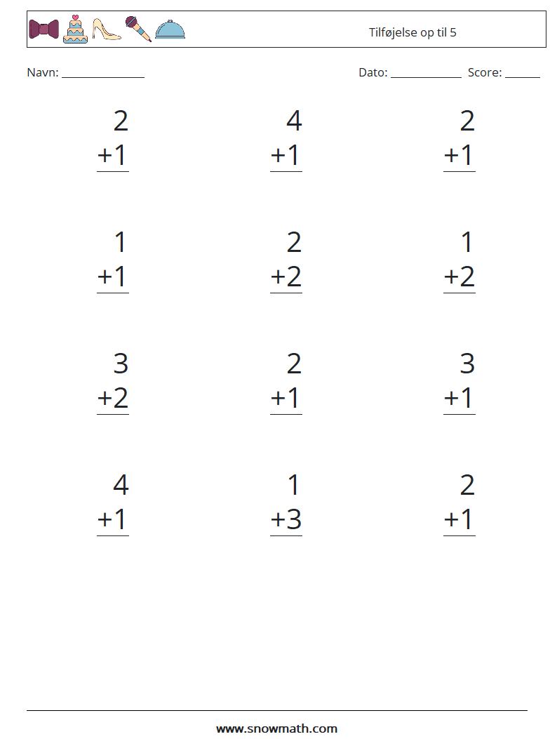 (12) Tilføjelse op til 5 Matematiske regneark 5
