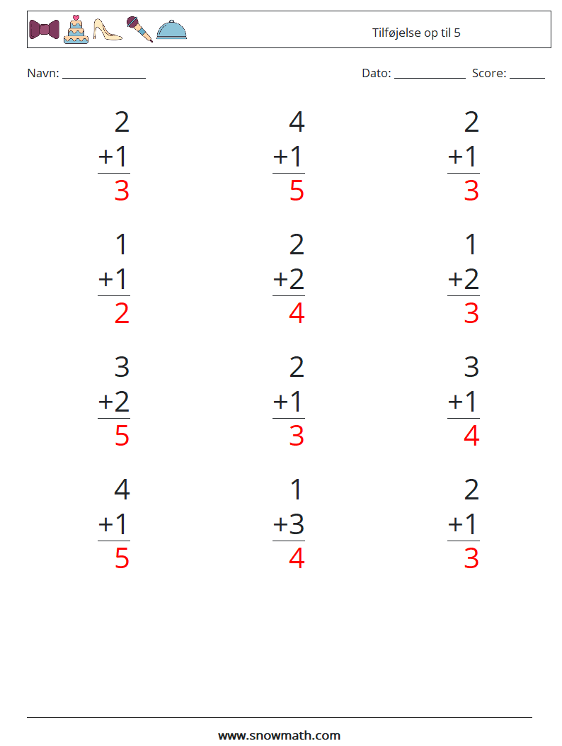 (12) Tilføjelse op til 5 Matematiske regneark 5 Spørgsmål, svar