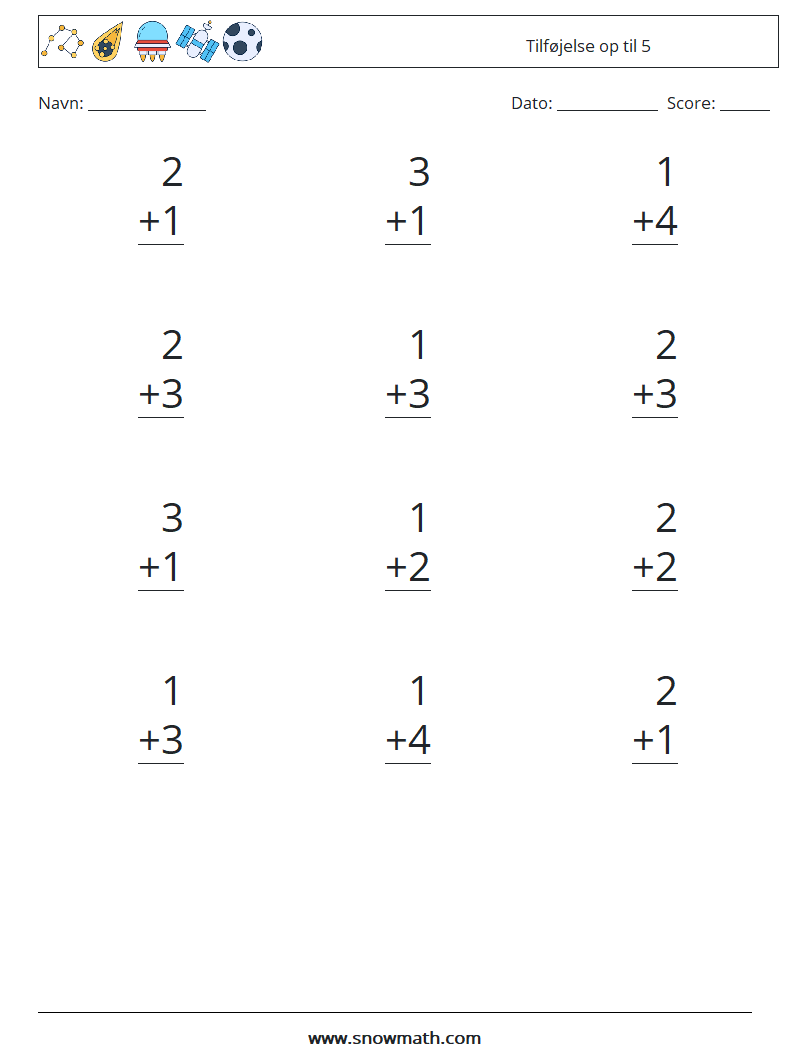 (12) Tilføjelse op til 5 Matematiske regneark 7