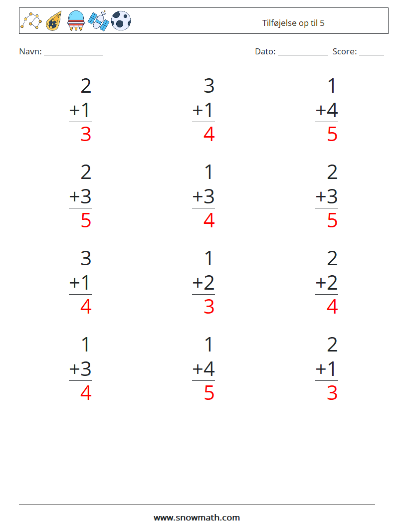 (12) Tilføjelse op til 5 Matematiske regneark 7 Spørgsmål, svar