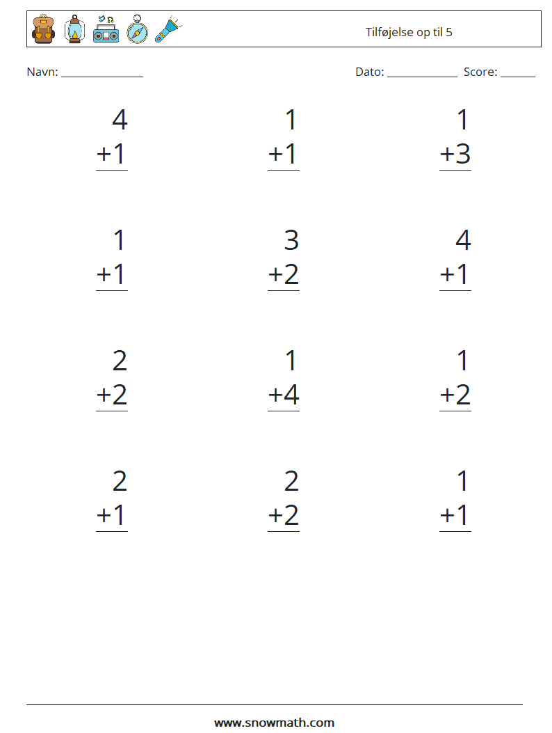 (12) Tilføjelse op til 5 Matematiske regneark 8
