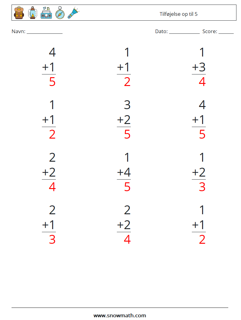 (12) Tilføjelse op til 5 Matematiske regneark 8 Spørgsmål, svar