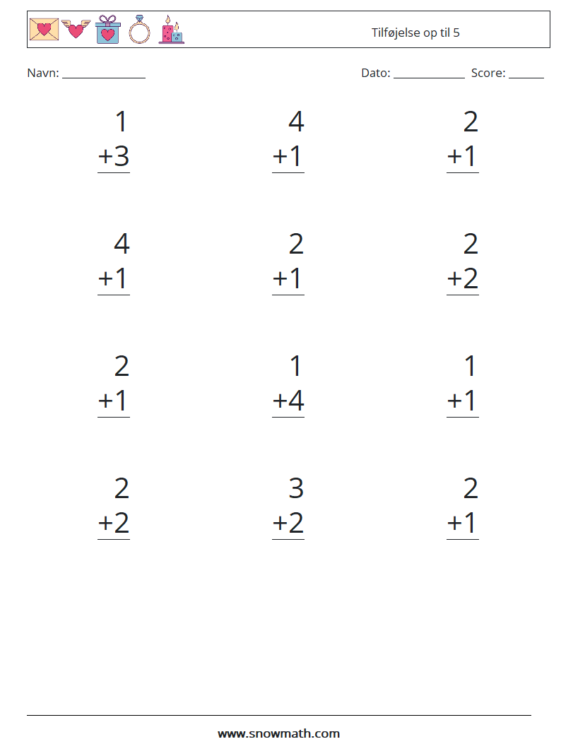 (12) Tilføjelse op til 5 Matematiske regneark 9