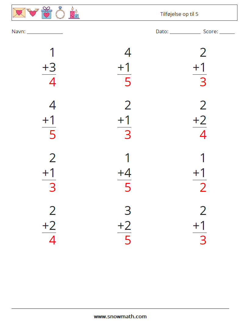 (12) Tilføjelse op til 5 Matematiske regneark 9 Spørgsmål, svar