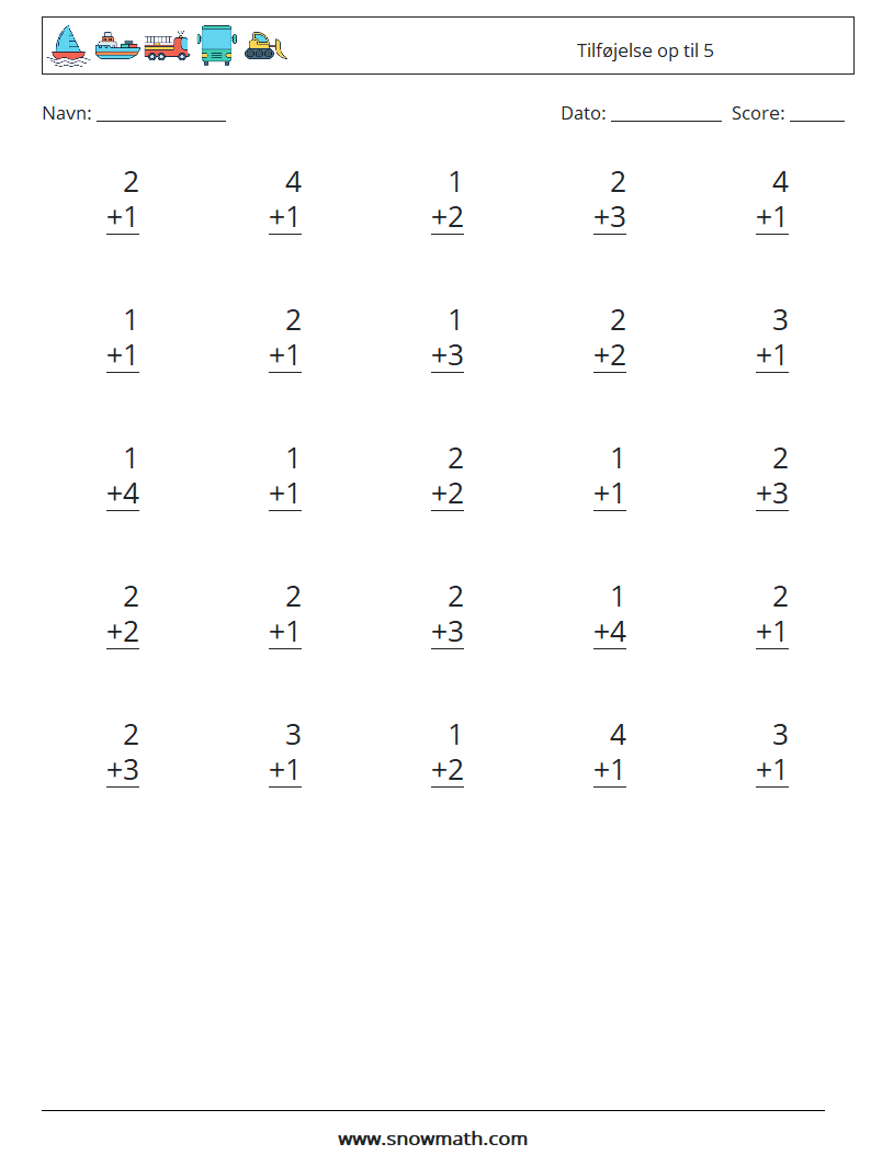 (25) Tilføjelse op til 5 Matematiske regneark 1