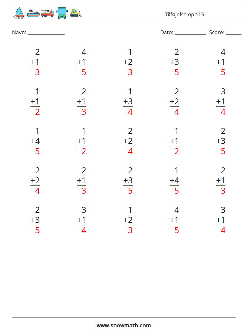 (25) Tilføjelse op til 5 Matematiske regneark 1 Spørgsmål, svar