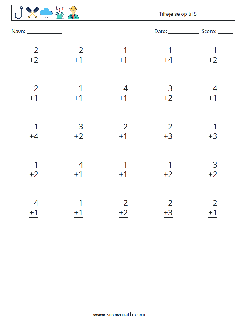 (25) Tilføjelse op til 5 Matematiske regneark 2