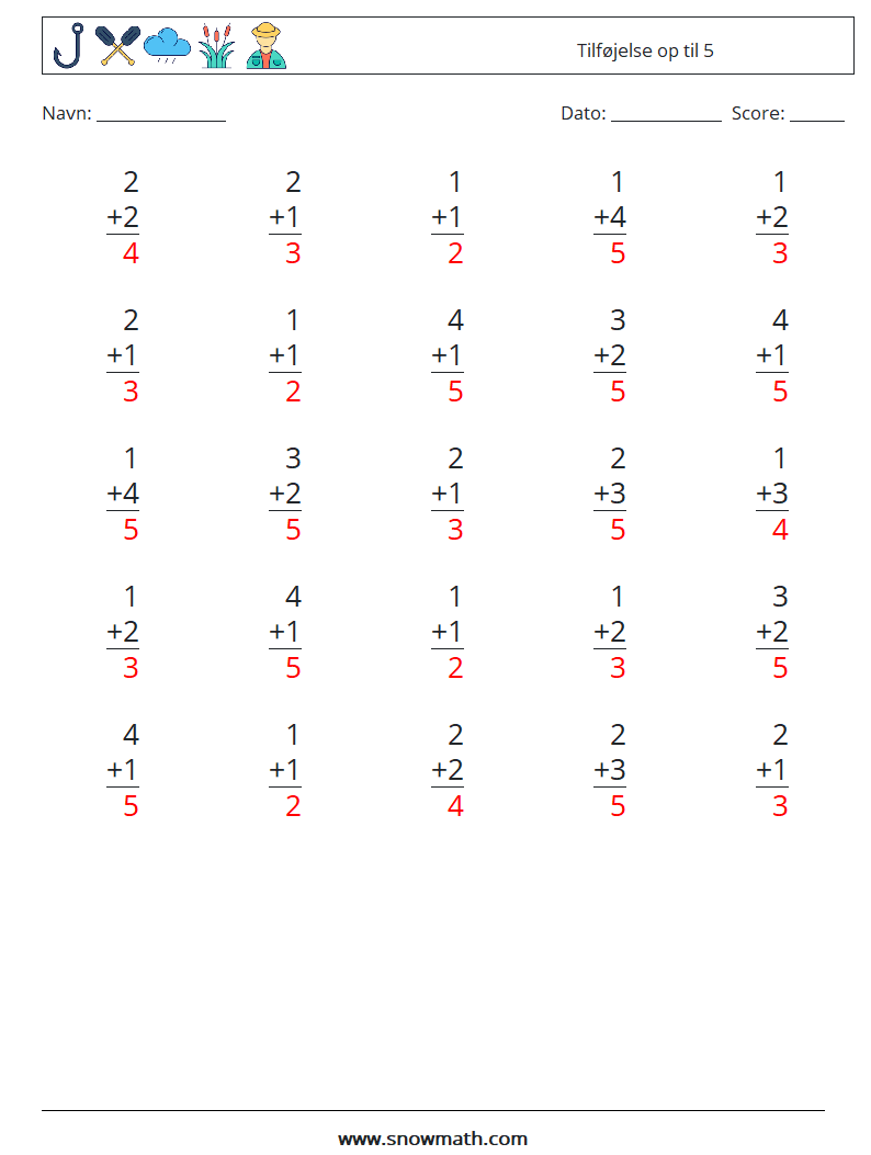 (25) Tilføjelse op til 5 Matematiske regneark 2 Spørgsmål, svar