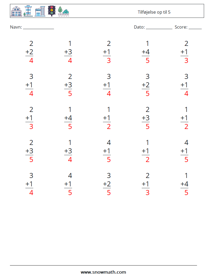 (25) Tilføjelse op til 5 Matematiske regneark 4 Spørgsmål, svar