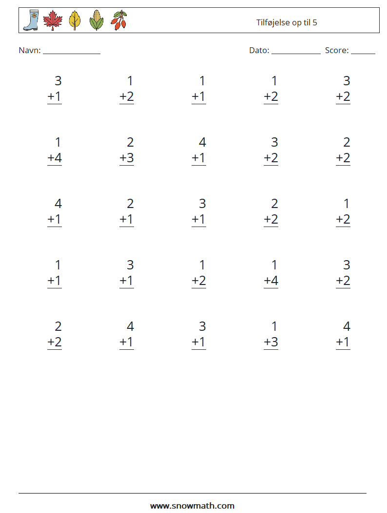 (25) Tilføjelse op til 5 Matematiske regneark 5