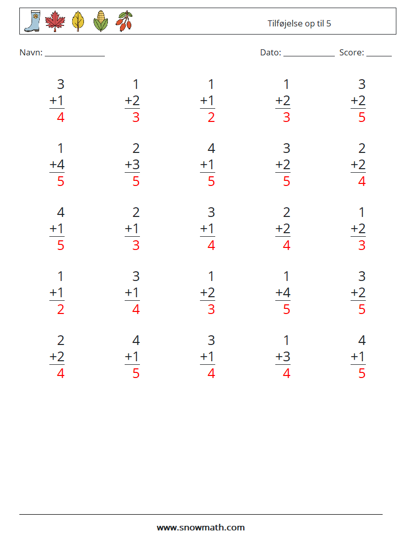 (25) Tilføjelse op til 5 Matematiske regneark 5 Spørgsmål, svar