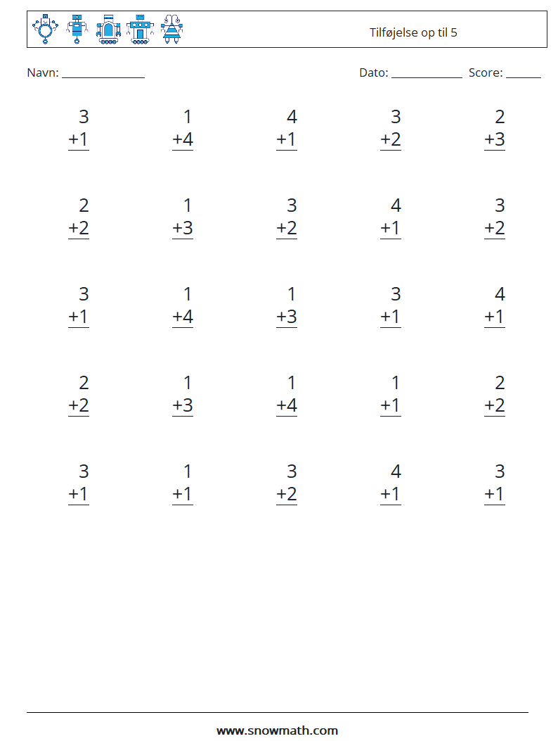 (25) Tilføjelse op til 5 Matematiske regneark 6