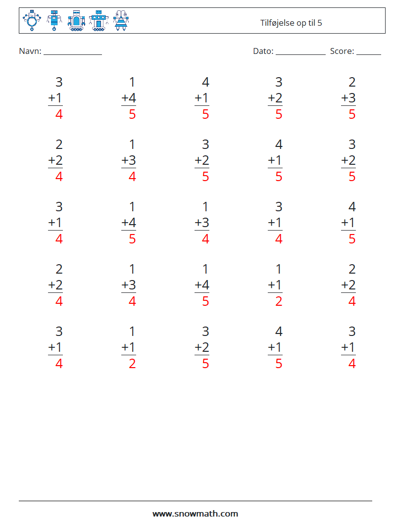 (25) Tilføjelse op til 5 Matematiske regneark 6 Spørgsmål, svar