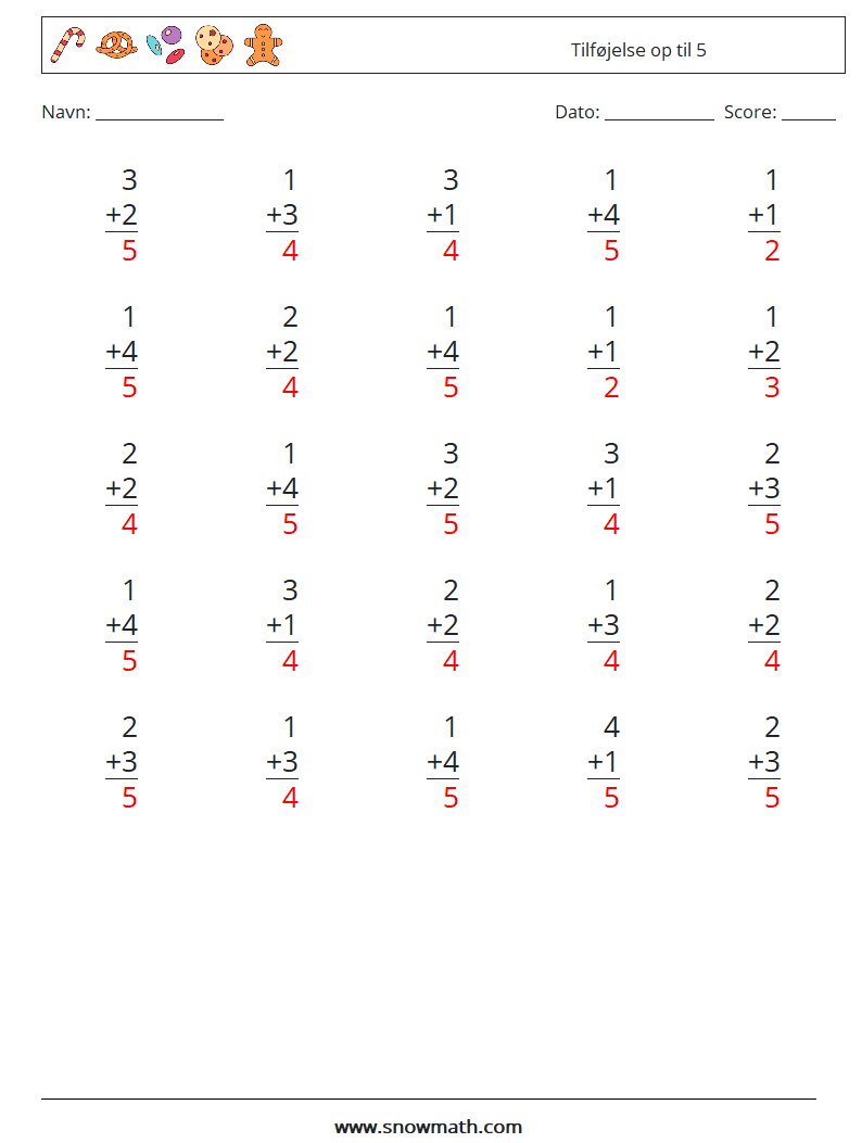 (25) Tilføjelse op til 5 Matematiske regneark 7 Spørgsmål, svar