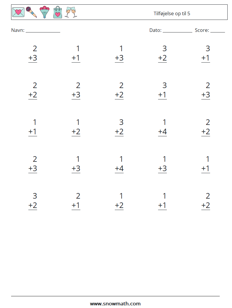 (25) Tilføjelse op til 5 Matematiske regneark 8