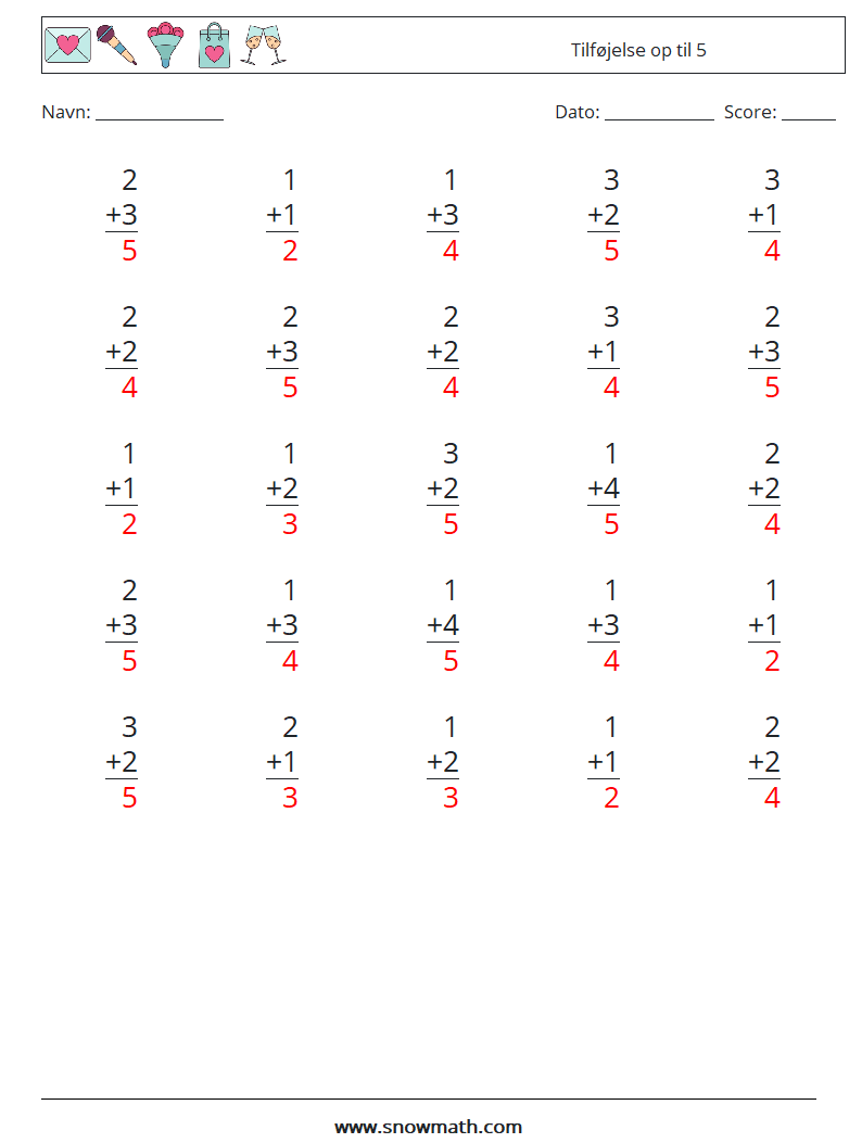 (25) Tilføjelse op til 5 Matematiske regneark 8 Spørgsmål, svar