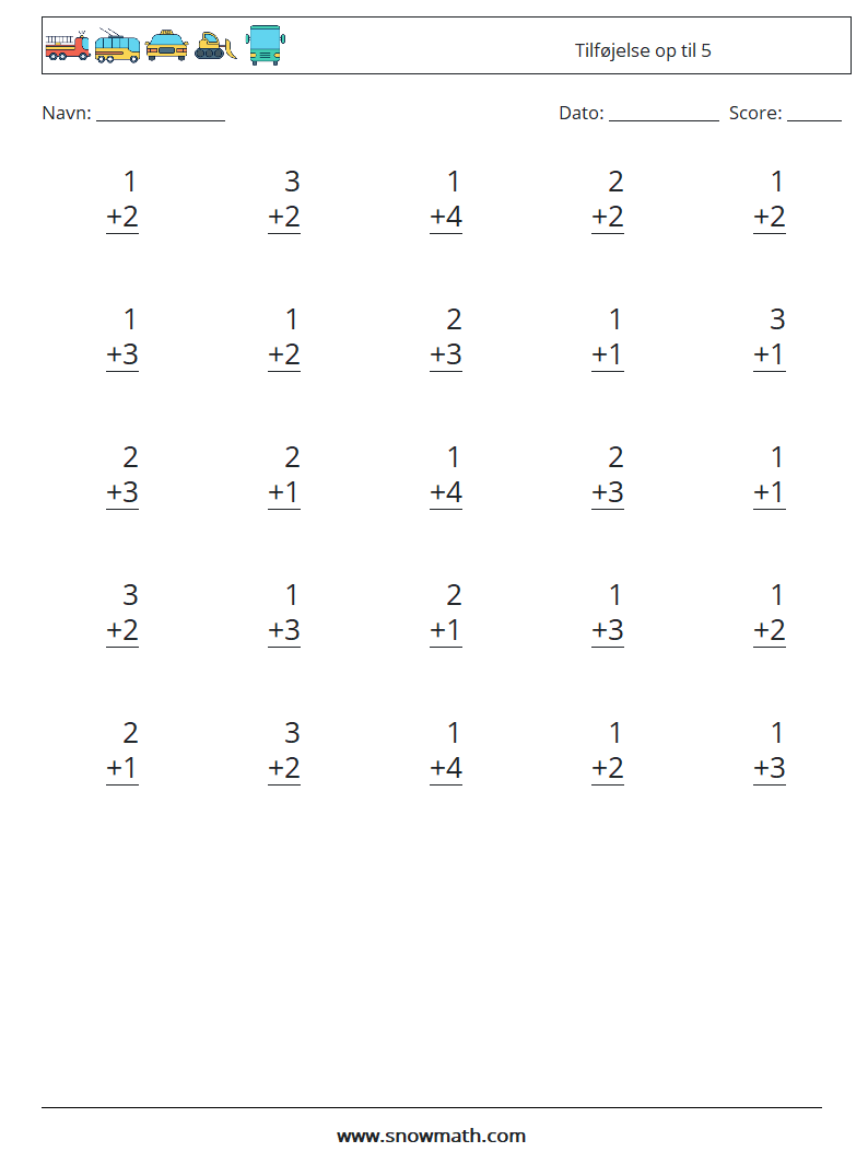 (25) Tilføjelse op til 5 Matematiske regneark 9