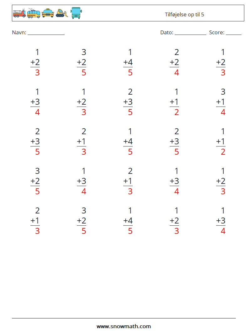 (25) Tilføjelse op til 5 Matematiske regneark 9 Spørgsmål, svar