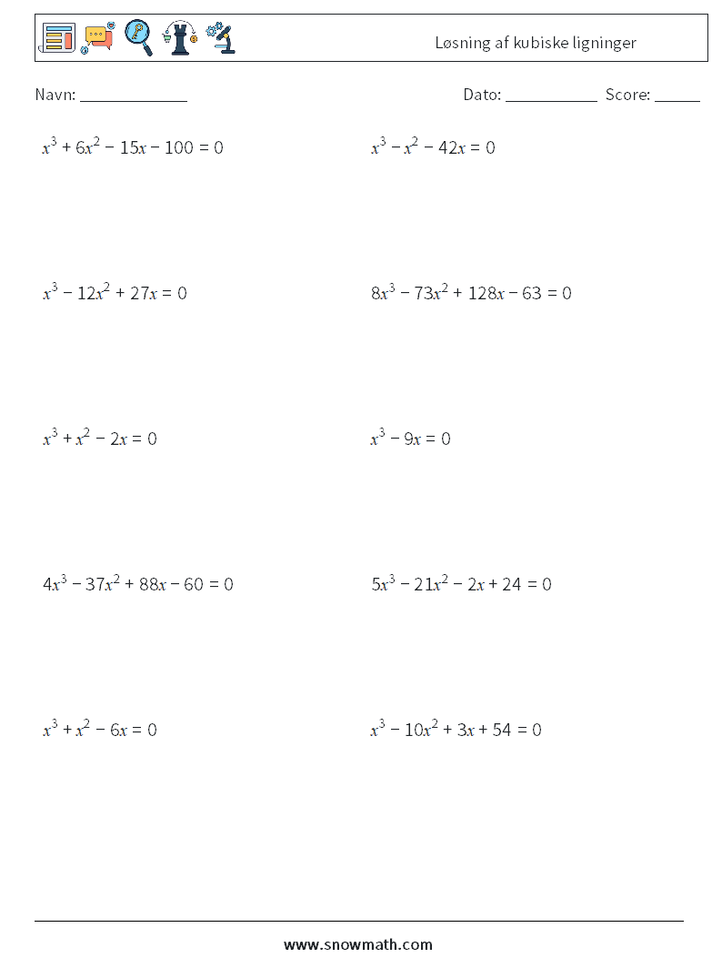 Løsning af kubiske ligninger Matematiske regneark 1