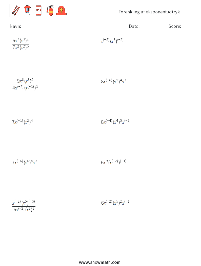  Forenkling af eksponentudtryk Matematiske regneark 1