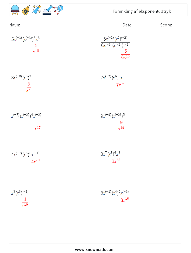  Forenkling af eksponentudtryk Matematiske regneark 2 Spørgsmål, svar