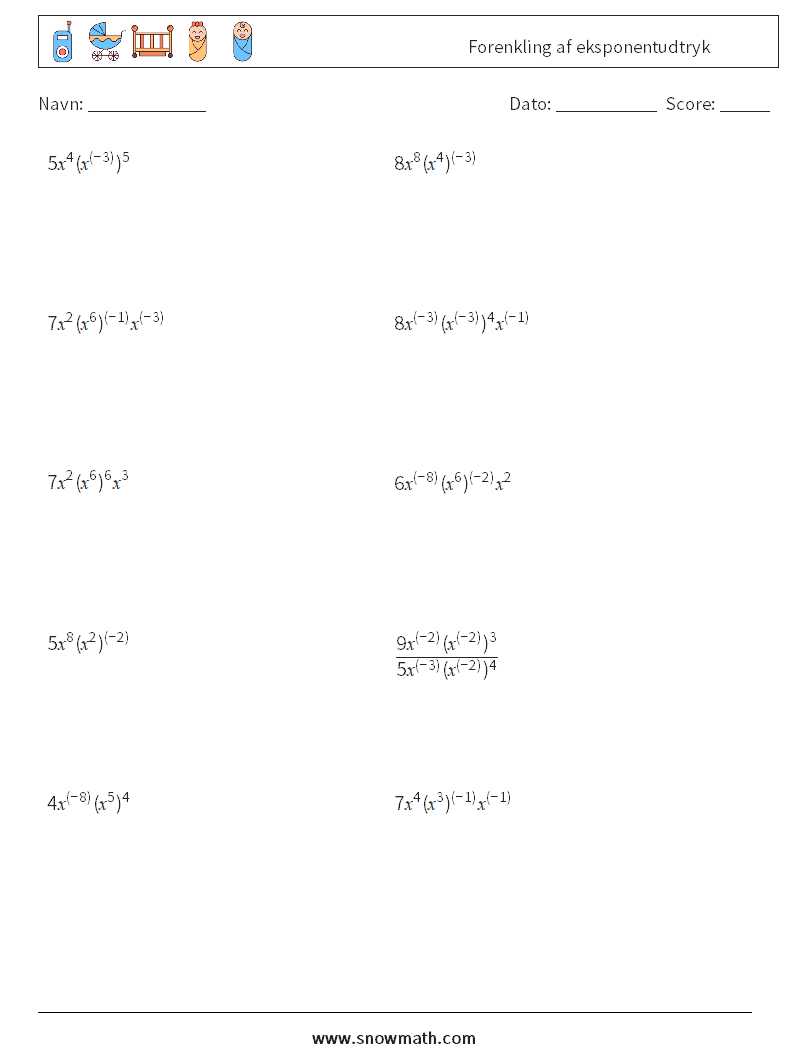  Forenkling af eksponentudtryk Matematiske regneark 3