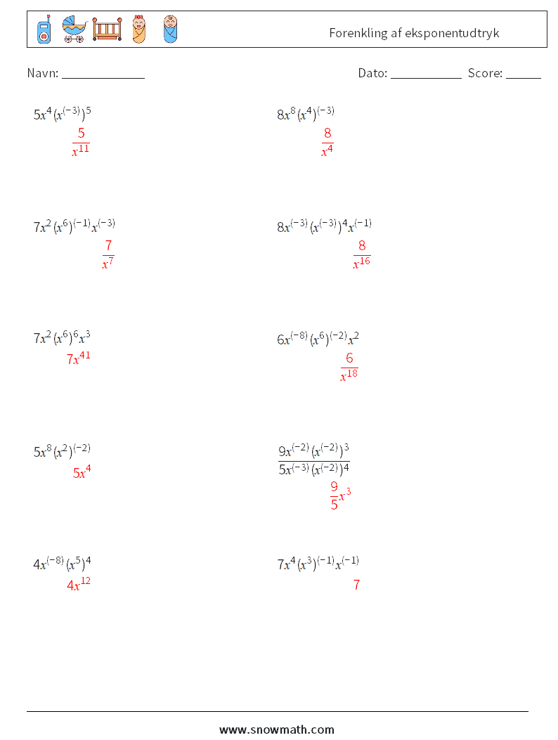  Forenkling af eksponentudtryk Matematiske regneark 3 Spørgsmål, svar