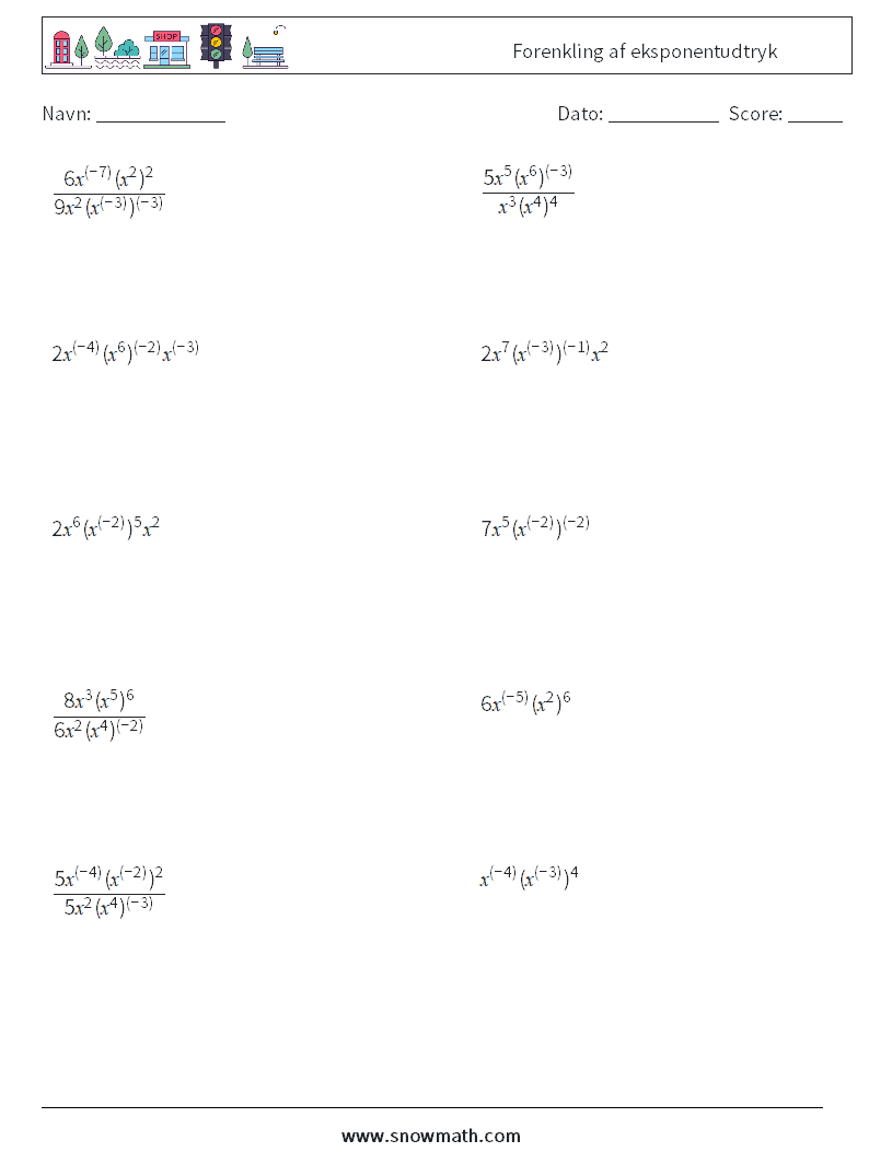  Forenkling af eksponentudtryk Matematiske regneark 4