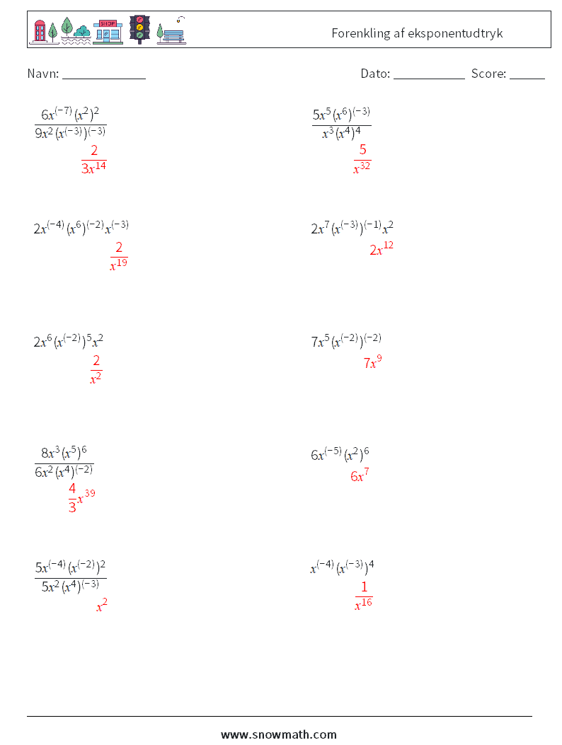  Forenkling af eksponentudtryk Matematiske regneark 4 Spørgsmål, svar