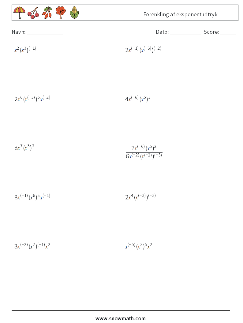  Forenkling af eksponentudtryk Matematiske regneark 5